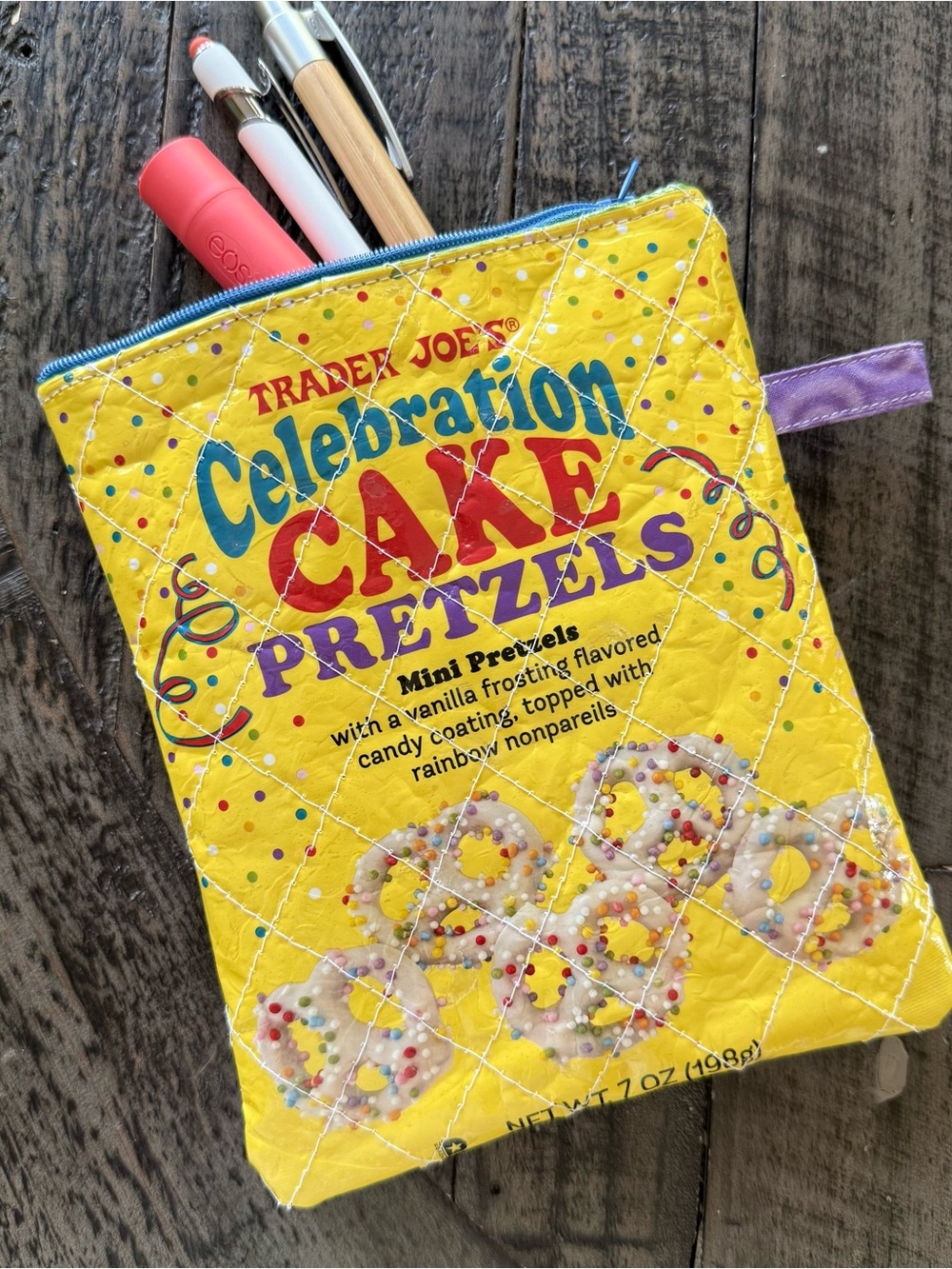 NEW Upcycled Handmade Trader Joe’s Celebration Cake Pretzel Zipper Pouch